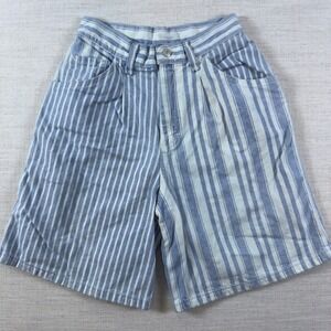 Vintage Lee High Waisted Striped Denim Shorts Blue White Pleated Front 25 Waist